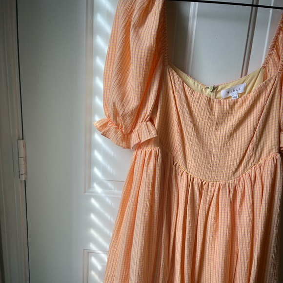 MABLE Orange Puff Sleeve Gingham Mini Dress - Picture 2 of 5